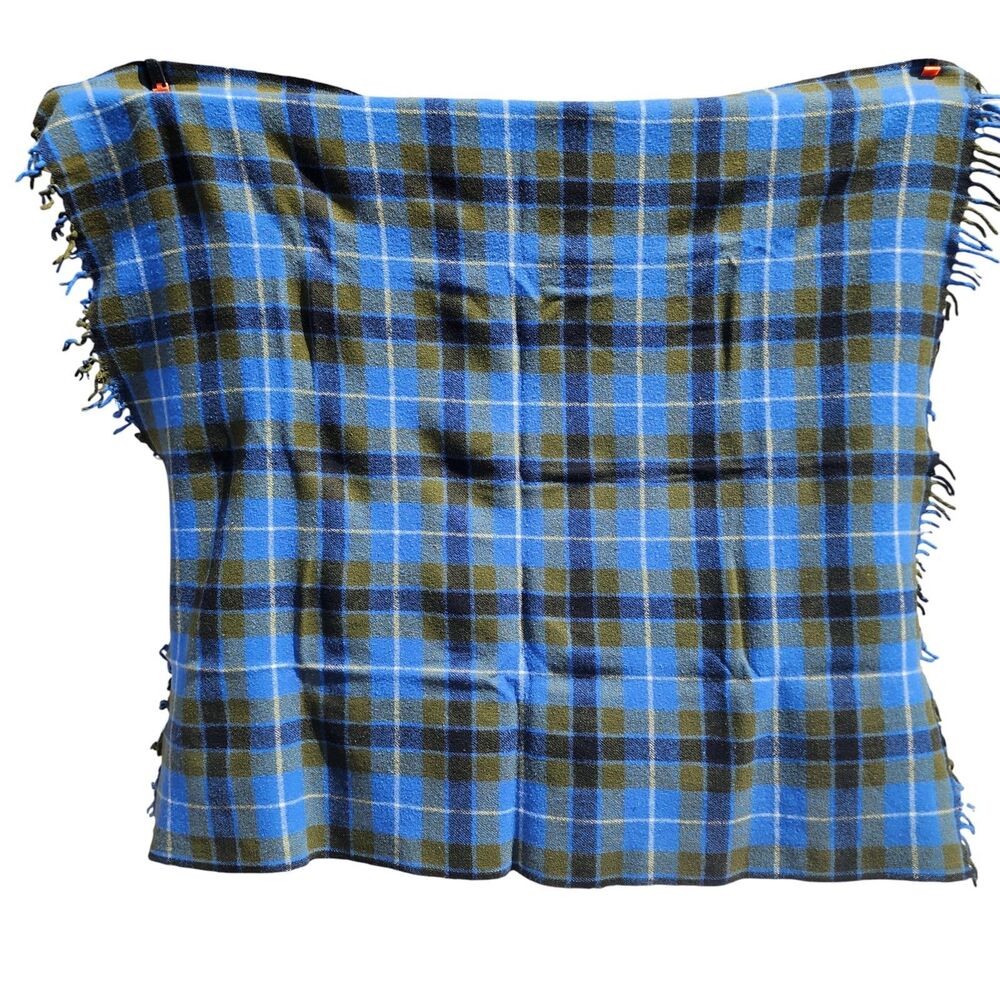 Vintage Wool Throw Blanket Blue Green Plaid Fringe 53x48 Cozy Cabin Camp - Picture 3 of 3